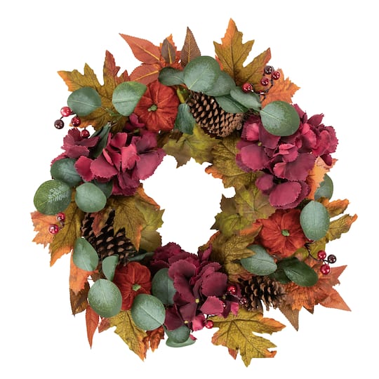 22&#x22; Orange &#x26; Burgundy Fall Harvest Artificial Floral &#x26; Pinecone Wreath